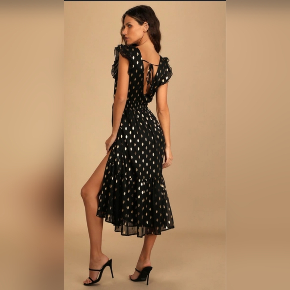 Lulus Sheer Metallic Polka Dot Ruffle Smocked Cocktail Date Night Party Dress